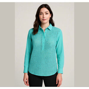 LOFT Softened Aqua Square Eyelet Button Down Shirt - Size M - Geometric Lattice